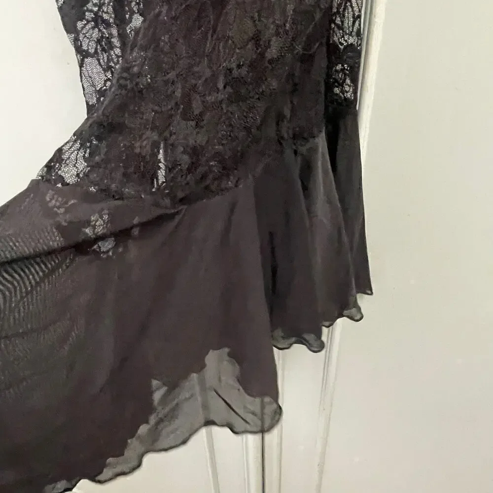 Black Lace Teddy Chemise Size Small Lingerie Floral Ruffle Stretch